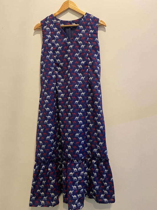 DS71 Vneck with bottom frills Camel print design dress