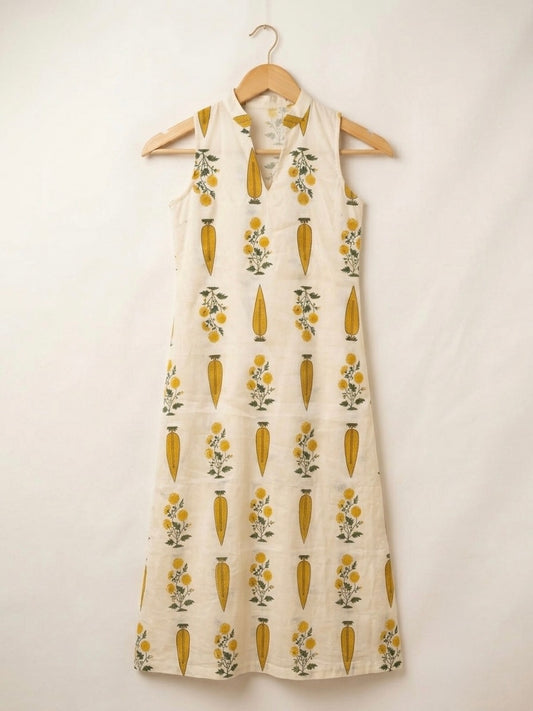 DS196 yellow floral print V neck dress with collar