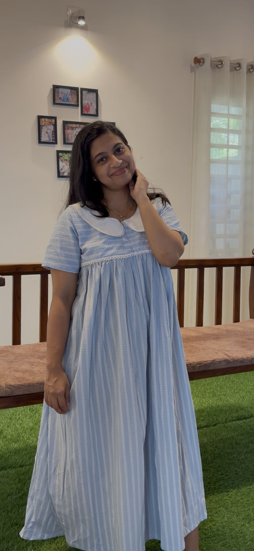 DS200 Haboka Peter pan collar dress on blue crinkle fabric
