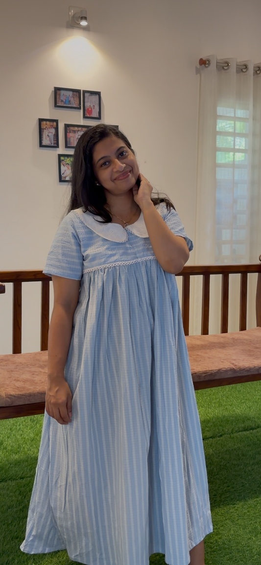 DS200 Haboka Peter pan collar dress on blue crinkle fabric