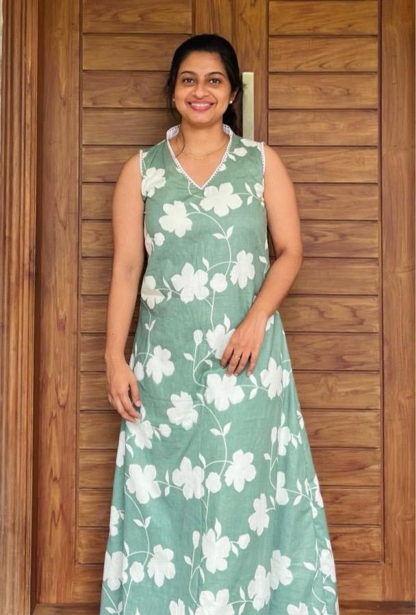 DS28 Halter V-neck -  White Floral Print-Green Cotton Dress