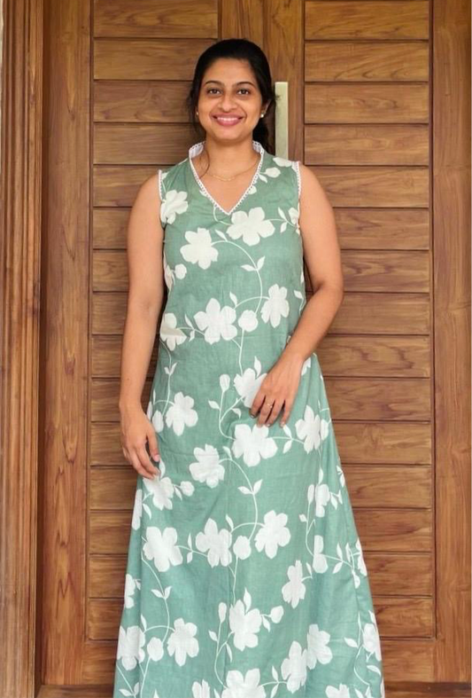 DS28 Halter V-neck -  White Floral Print-Green Cotton Dress