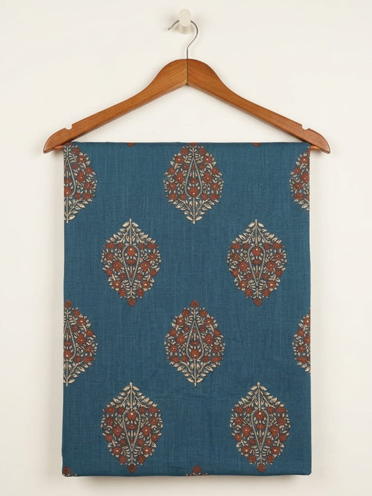 FBR135 Red flower design on blue cotton fabric