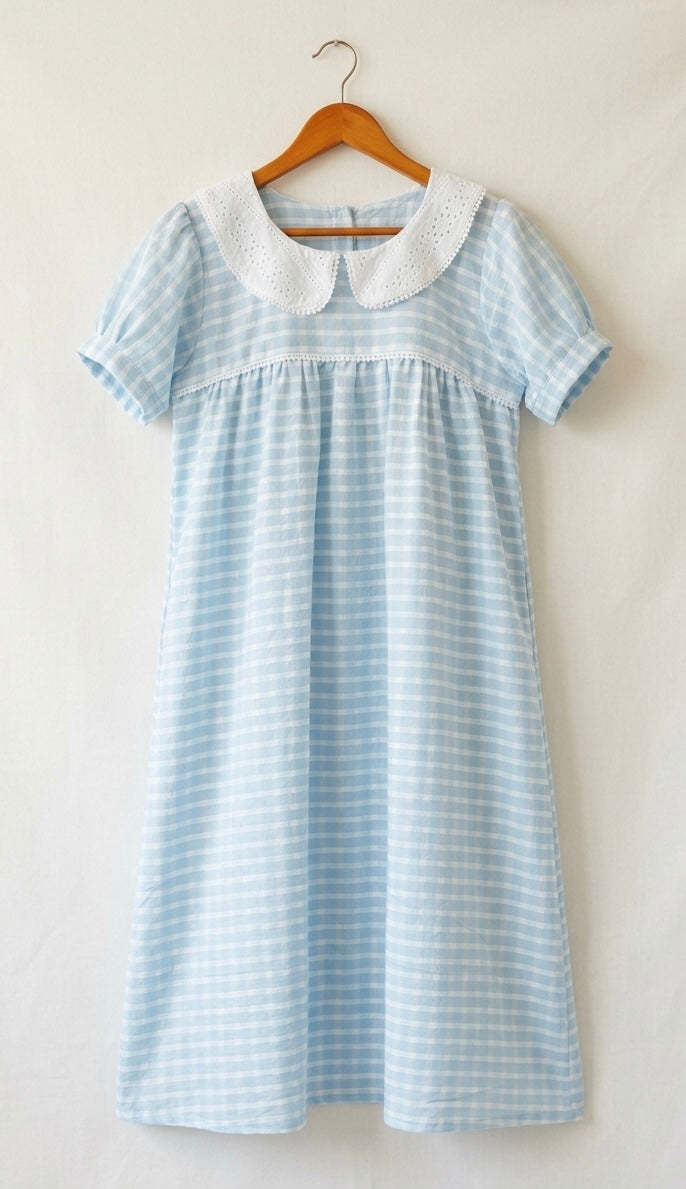 DS105 Blue checks double gauze muslin peter pan collar dress