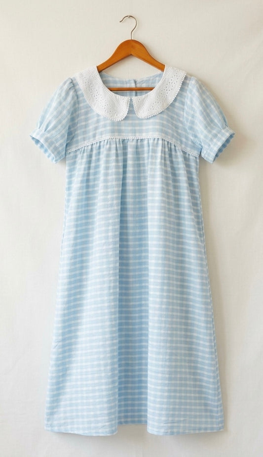 DS105 Blue checks double gauze muslin peter pan collar dress