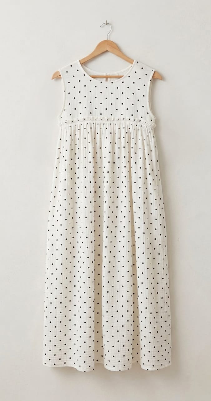 DS212 ROUNDNECK with front frills on white&black polka dress