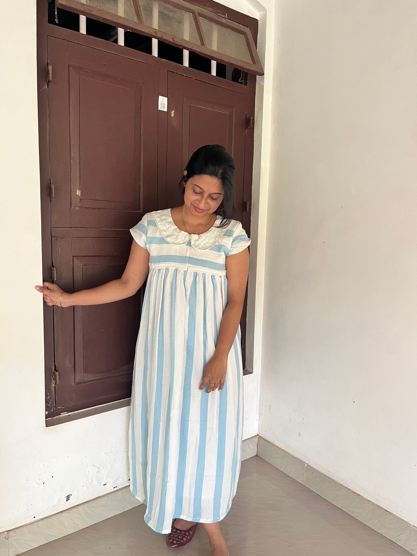 DS82 Double Gauze muslin blue stripes dress