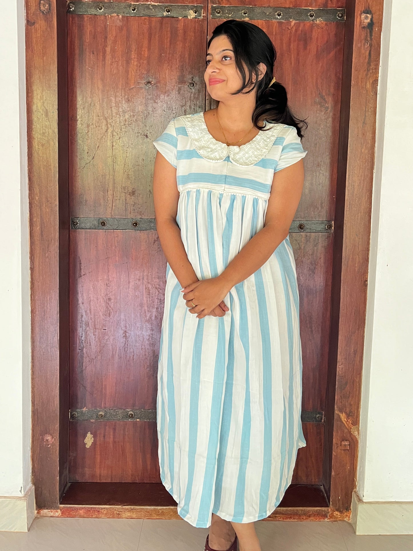 DS82 Double Gauze muslin blue stripes dress