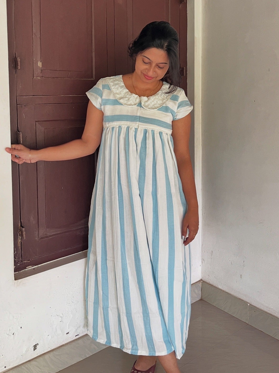 DS82 Double Gauze muslin blue stripes dress