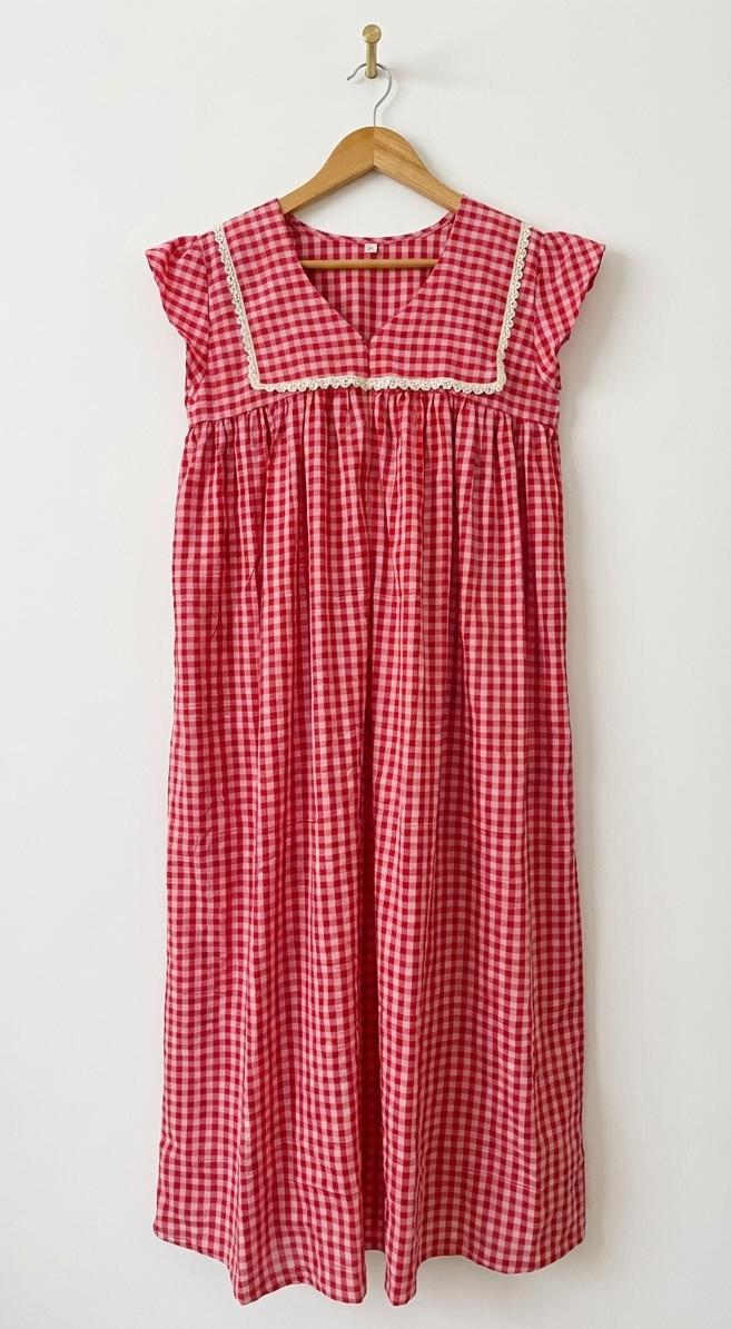 DS143-Dark Pink check flap collar dress