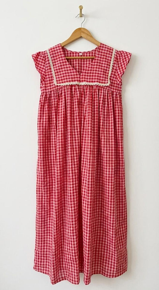 DS143-Dark Pink check flap collar dress