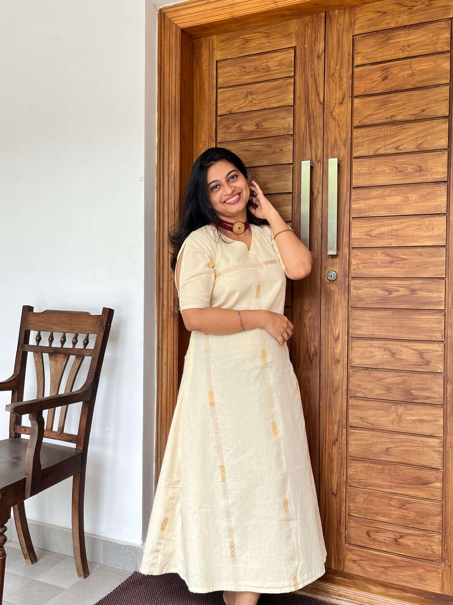 DS193-Onam Attire1 - V neck Aline dress in Handloom fabric