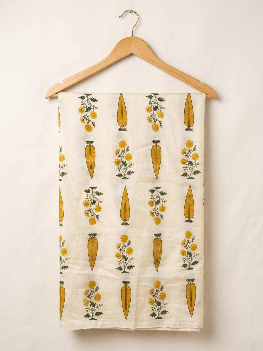 FBR143-Off white with yellow prints Cotton fabric-Onam