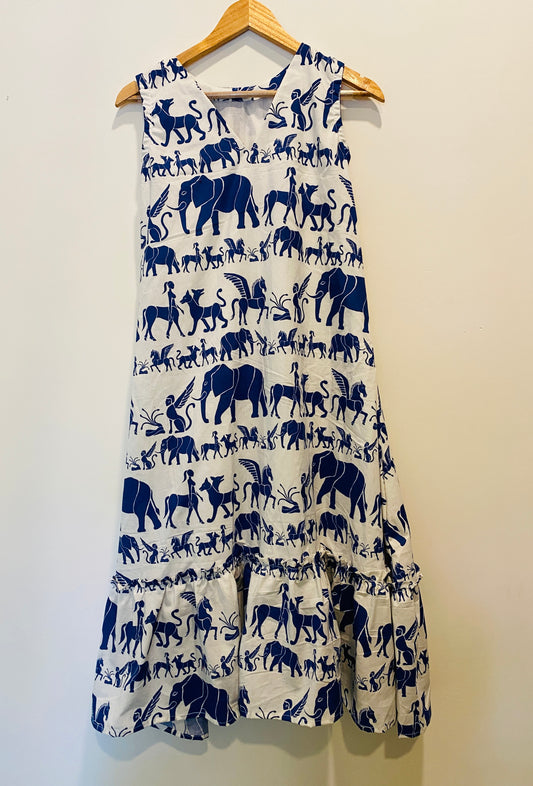 DS86 Poplin animal print dress with bottom flairs