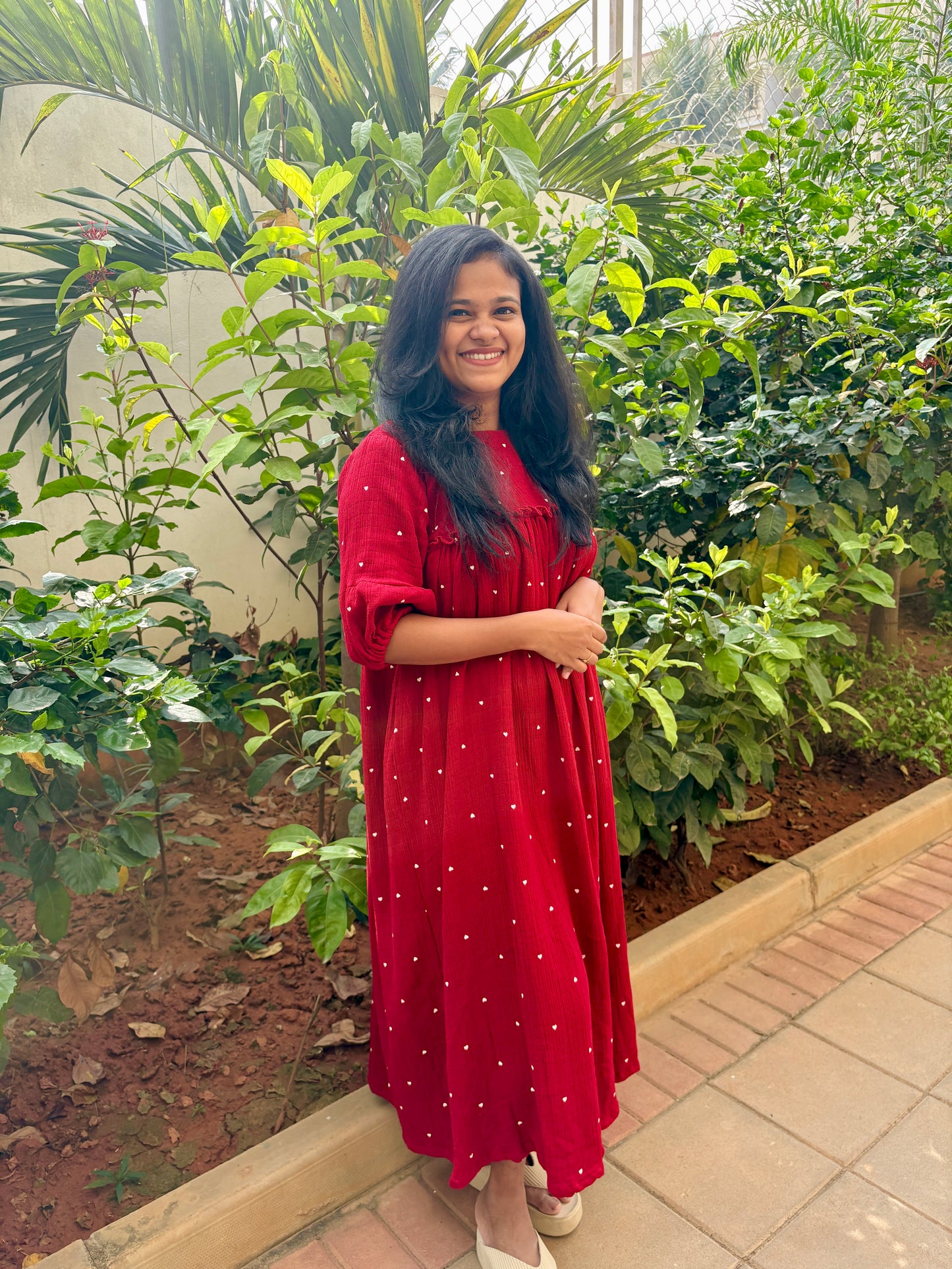 DS74 Double gauze muslin red heart dress 1