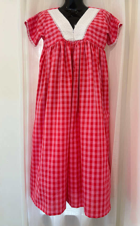 DS85 Dark Pink and Red Seersucker cotton Hakoba V neck dress