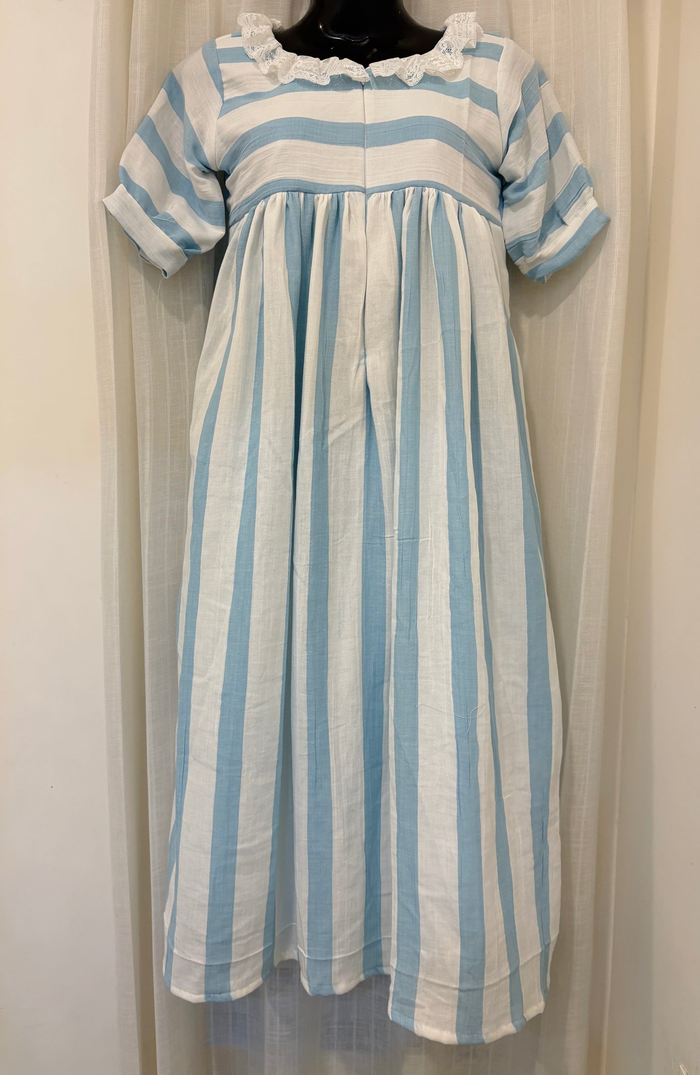 DS90 Double Gauze muslin blue stripe dress with lace on neck