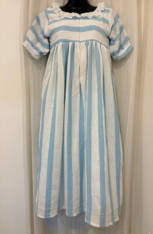 DS90 Double Gauze muslin blue stripe dress with lace on neck