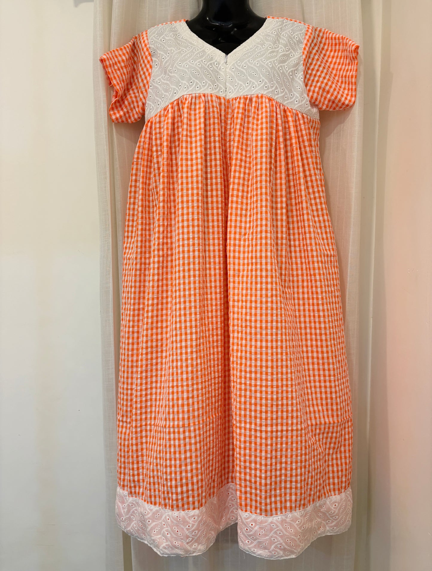 DS89 Orange and White seersucker cotton Hakoba yoke dress