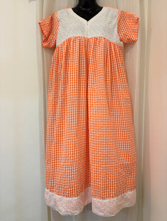 DS89 Orange and White seersucker cotton Hakoba yoke dress