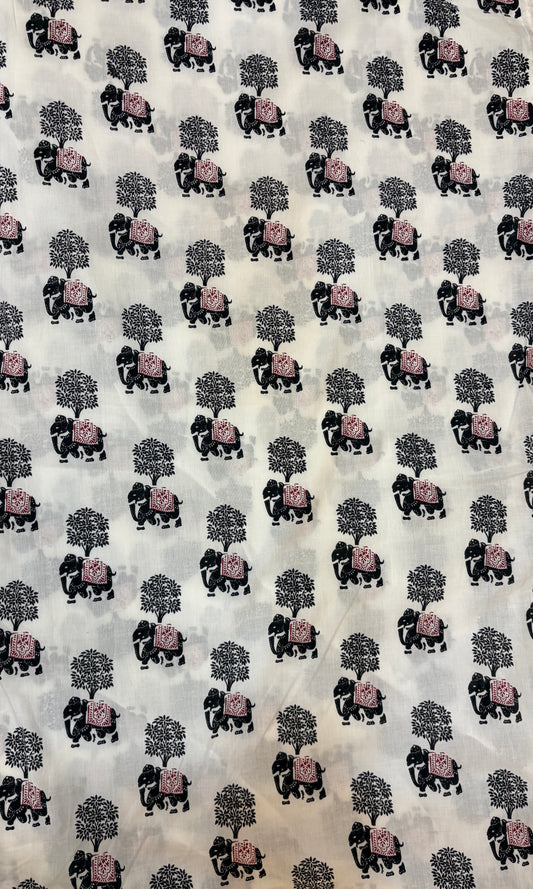 FBR82 White & Black Elephant Print cotton fabric
