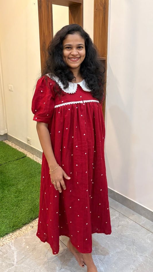 DS104 Double gauze muslin red heart peter pan collar dress