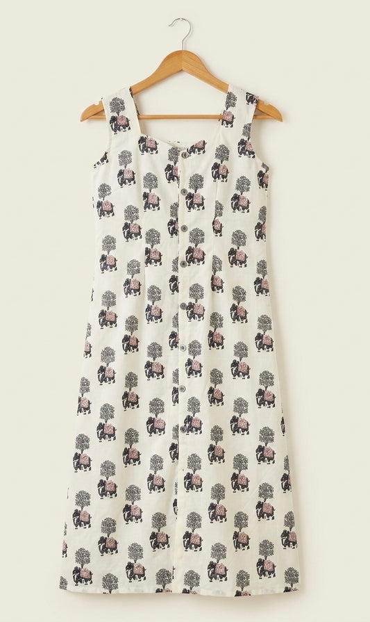 DS111 White & Black Elephant print show button cotton dress