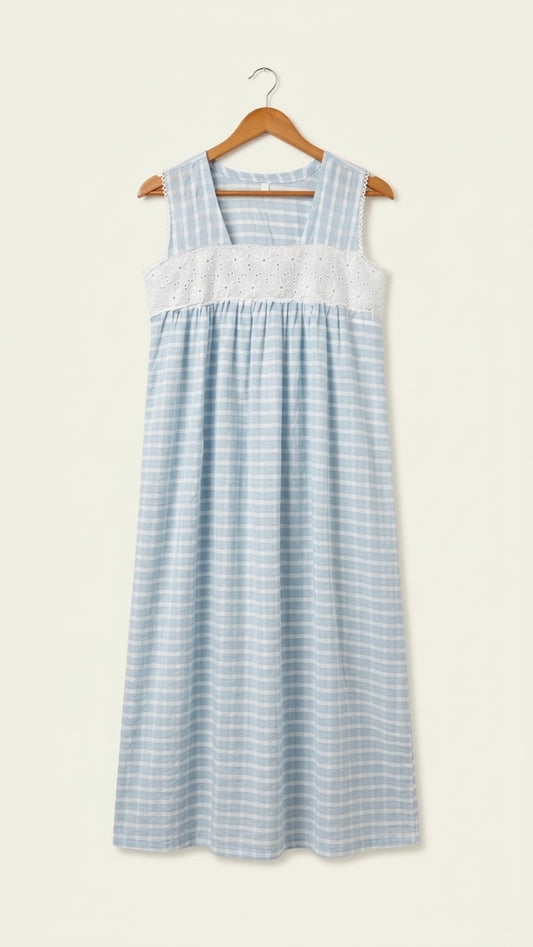DS112 Blue checks double gauze muslin hakoba yoke empire dress