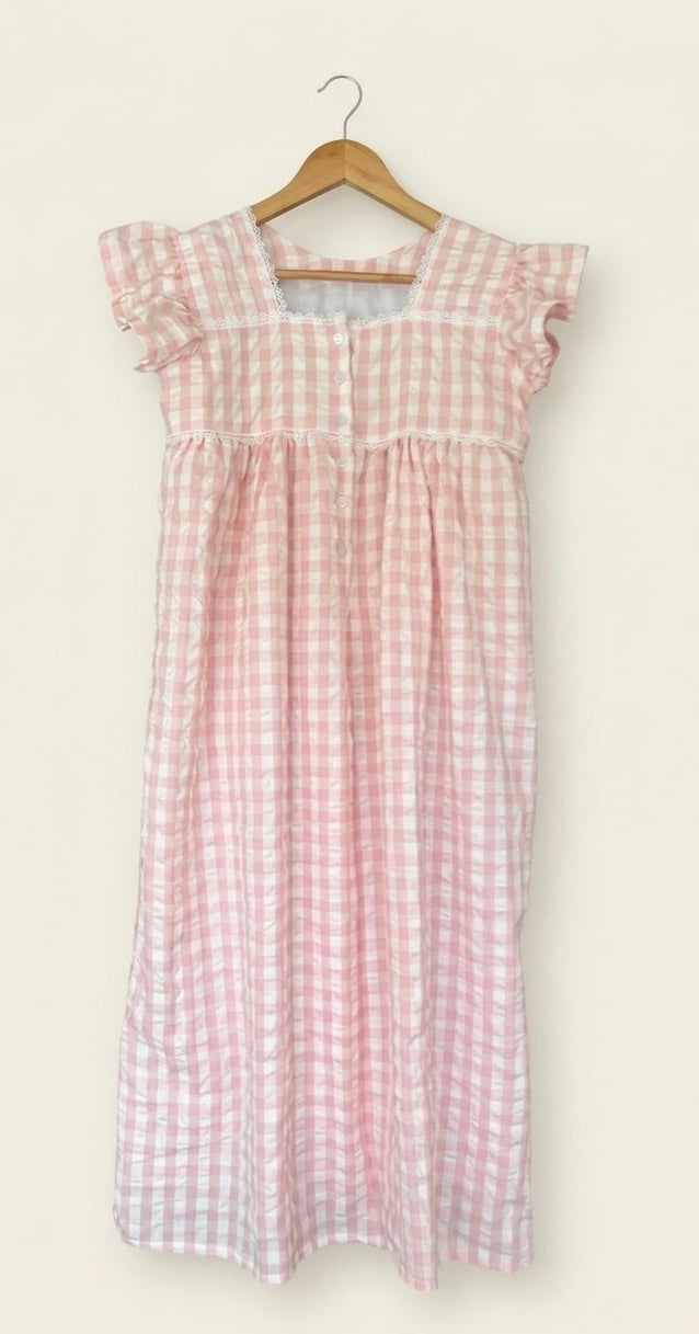 DS114 Premium Pink seersucker cotton dress with lace & openable buttons
