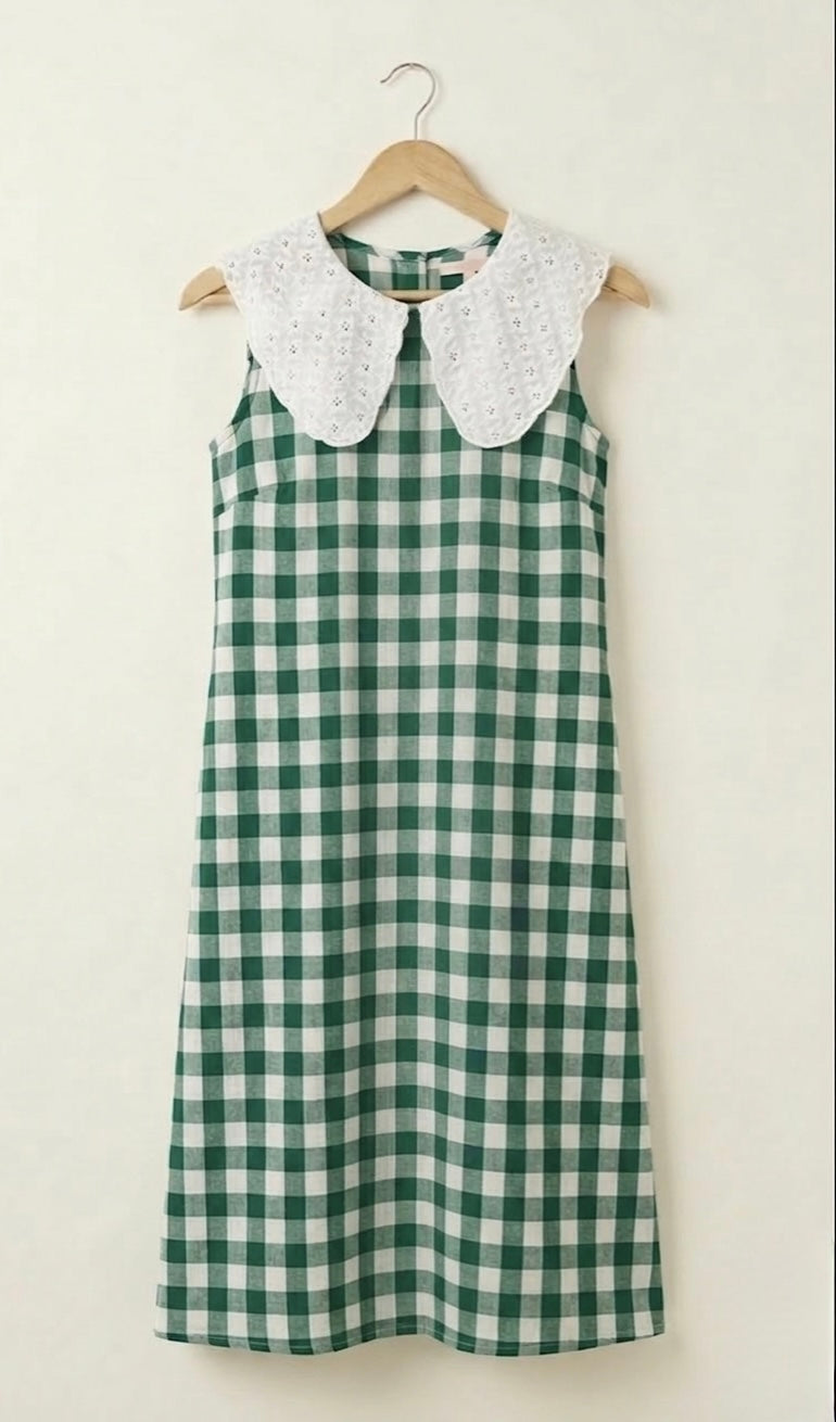 DS117 Green checks double gauze muslin hakoba collar dress