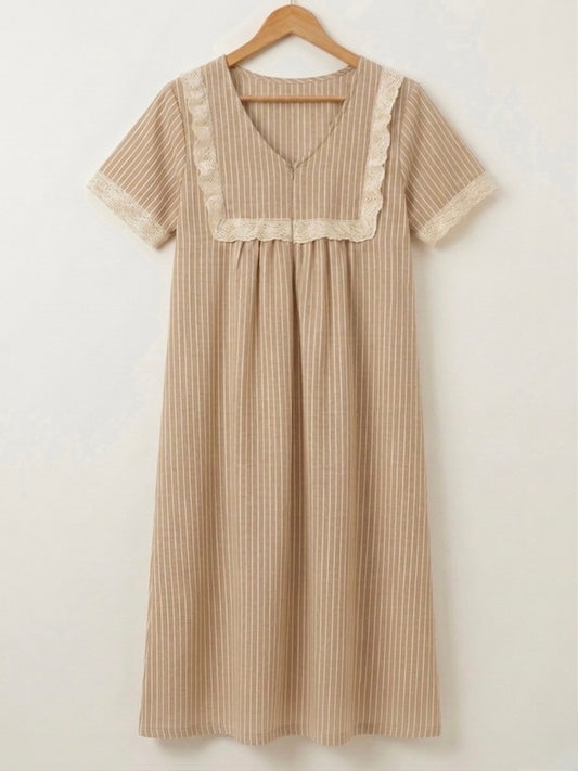 DS125 Light Brownish cream stripe double gauze muslin V neck dress with rectangle lace and gathers