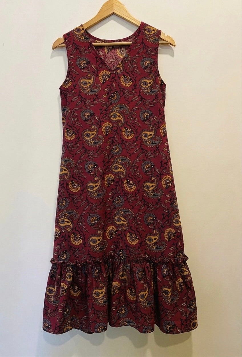 DS128 Maroonish red leaf print cotton V neck dress with bottom flairs