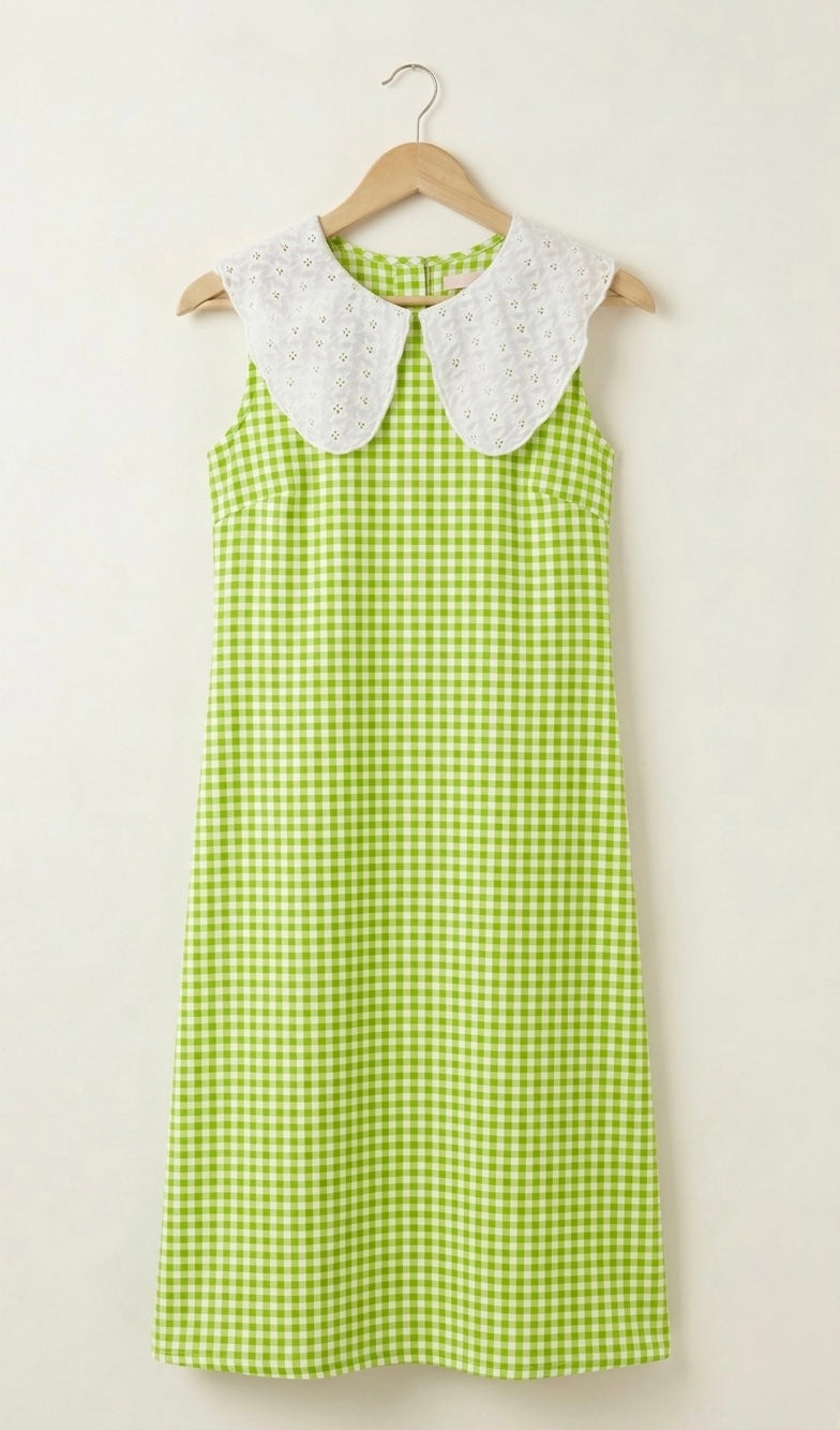 DS139 Light green and white cotton hakoba collar dress