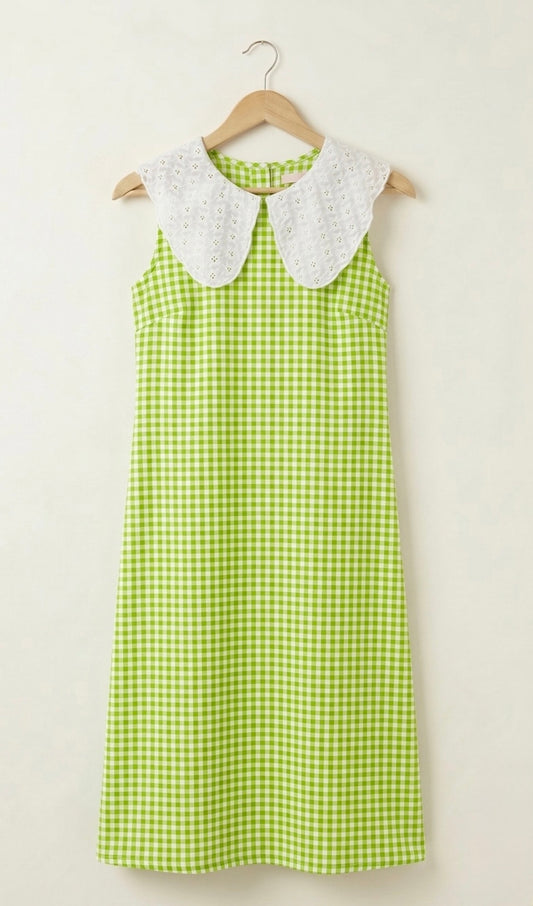 DS139 Light green and white cotton hakoba collar dress