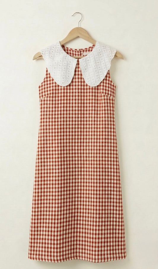 DS140 Red and white check seersucker cotton hakoba collar dress
