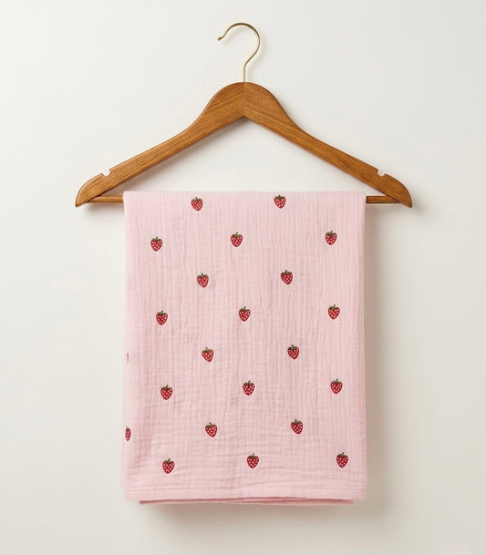 FBR109 Strawberry print pink double gauze muslin fabric