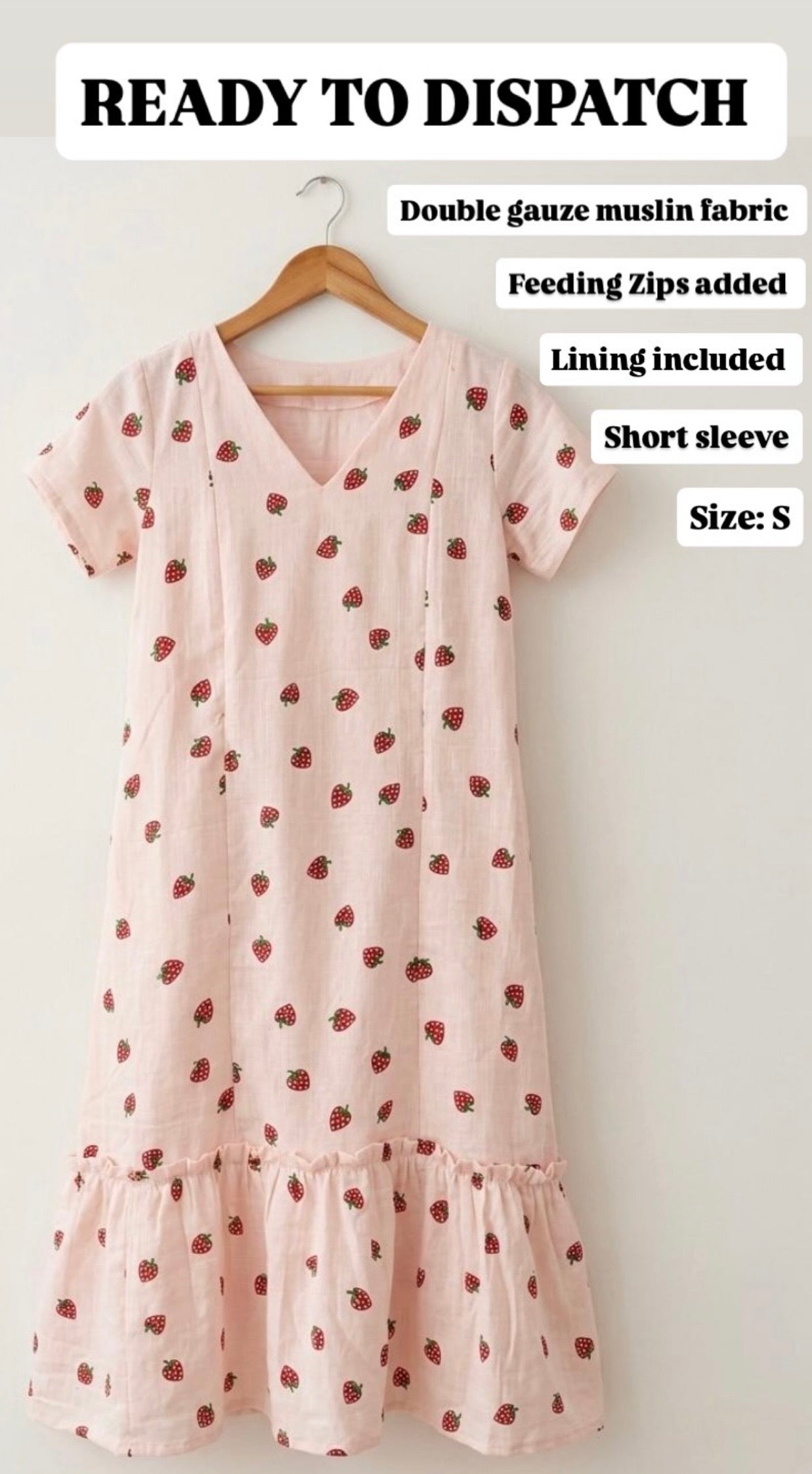 DS155 Peach strawberry print V neck dress with bottom flairs