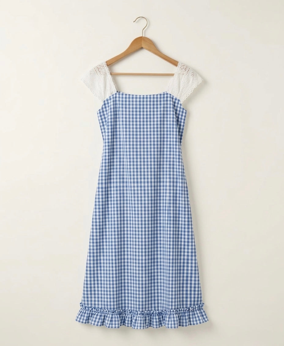 DS215 Blue check A line dress with hakoba shoulder and small bottom frills