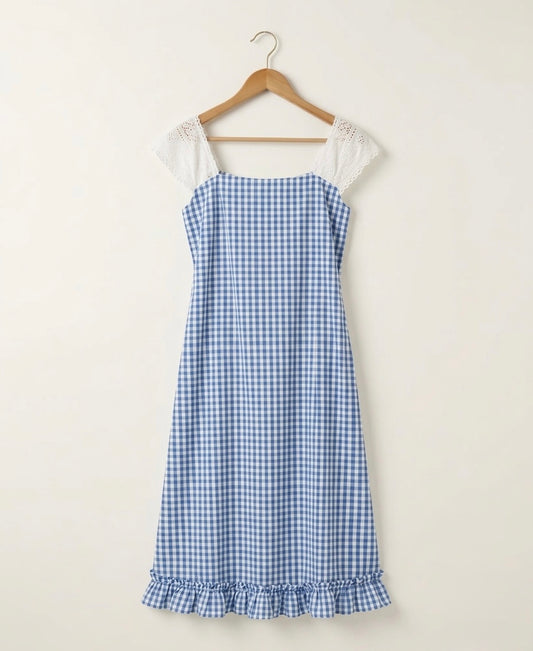 DS215 Blue check A line dress with hakoba shoulder and small bottom frills