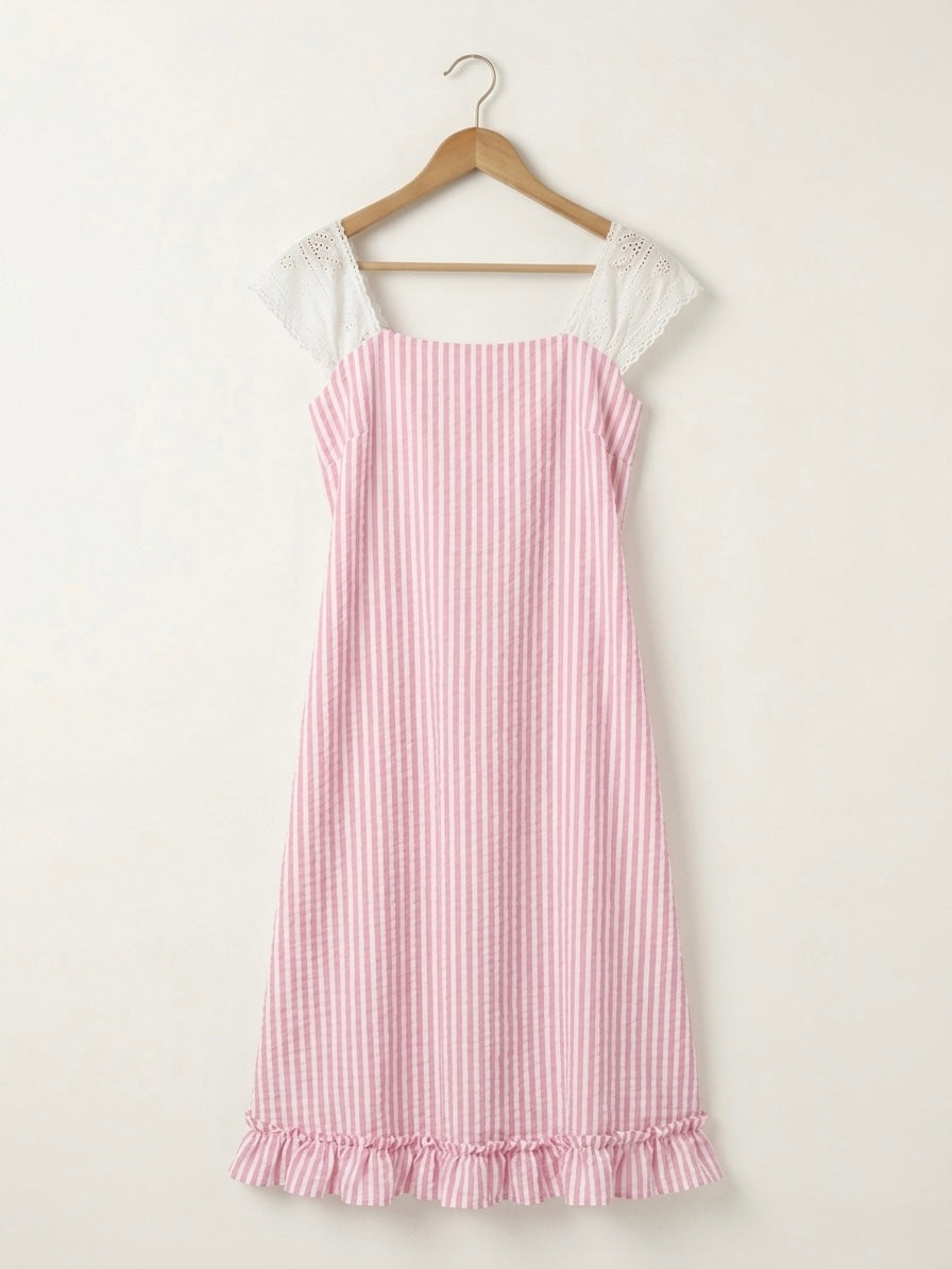 DS216 Pink Stripes A line dress with hakoba shoulder and small bottom frills