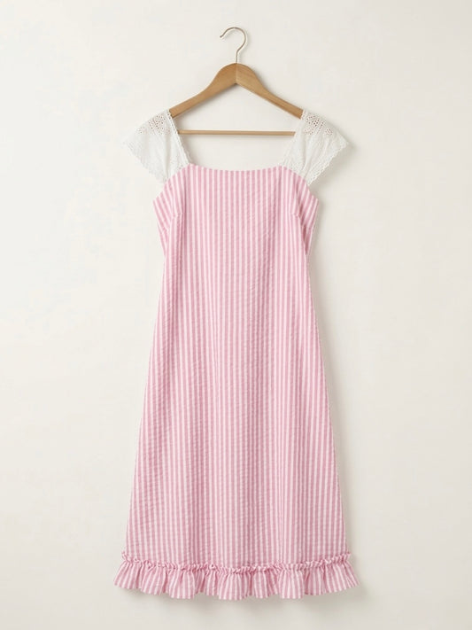 DS216 Pink Stripes A line dress with hakoba shoulder and small bottom frills