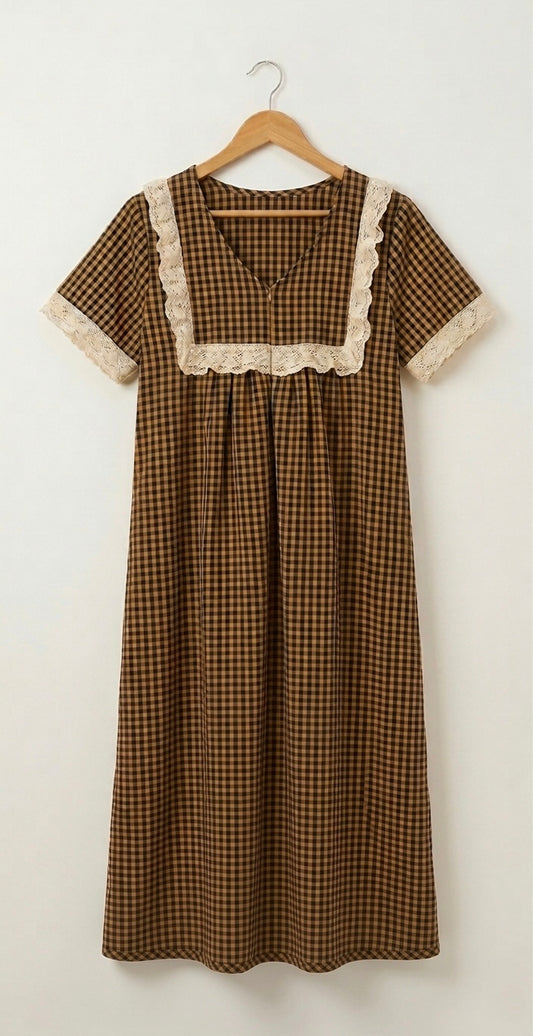 DS214 brown check V neck with rectangle lace and gathers