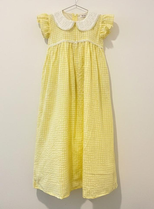 DS87 yellow and white seersucker check peterpan collar dress