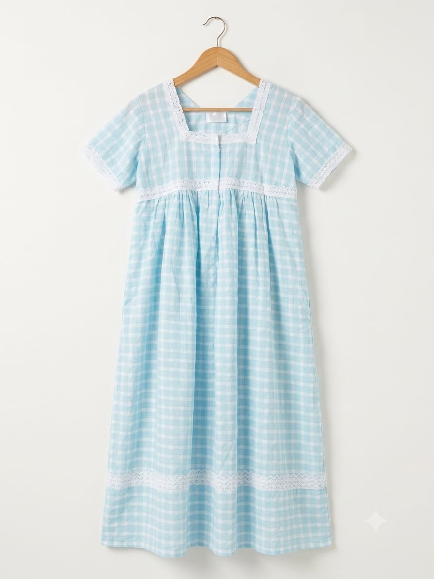 DS192 Square neck with lace detailing in blue seersucker fabric