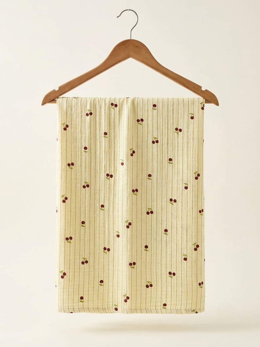 FBR154 Cherry print on light yellow stripe fabric