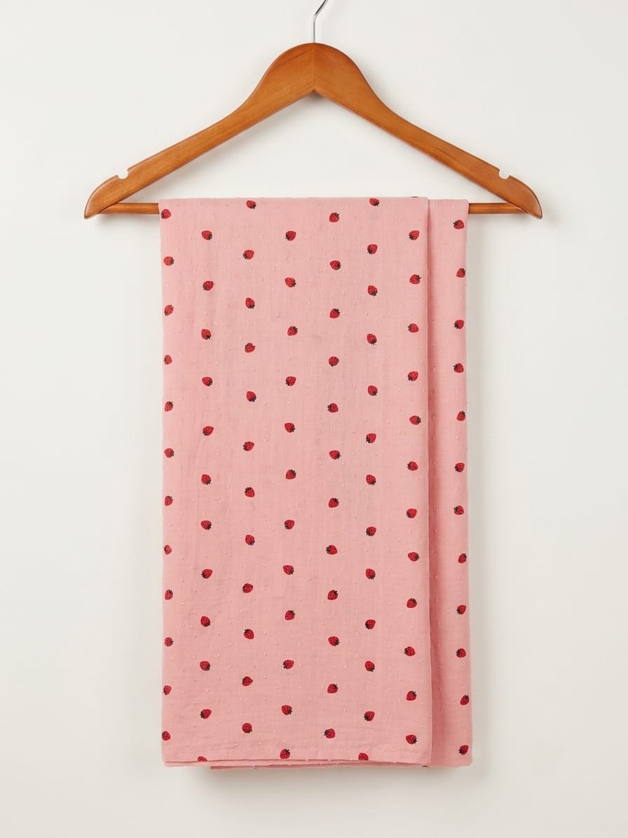 FBR155 Strawberry print on pink double gauze muslin fabric
