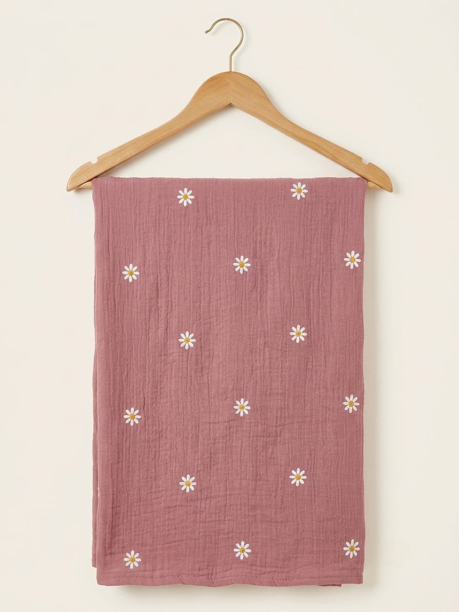 FBR156 Flower embroidery on pink double gauze muslin fabric