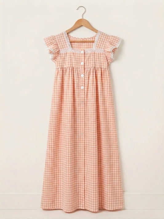 DS114 Premium Pink seersucker cotton dress with lace & openable buttons