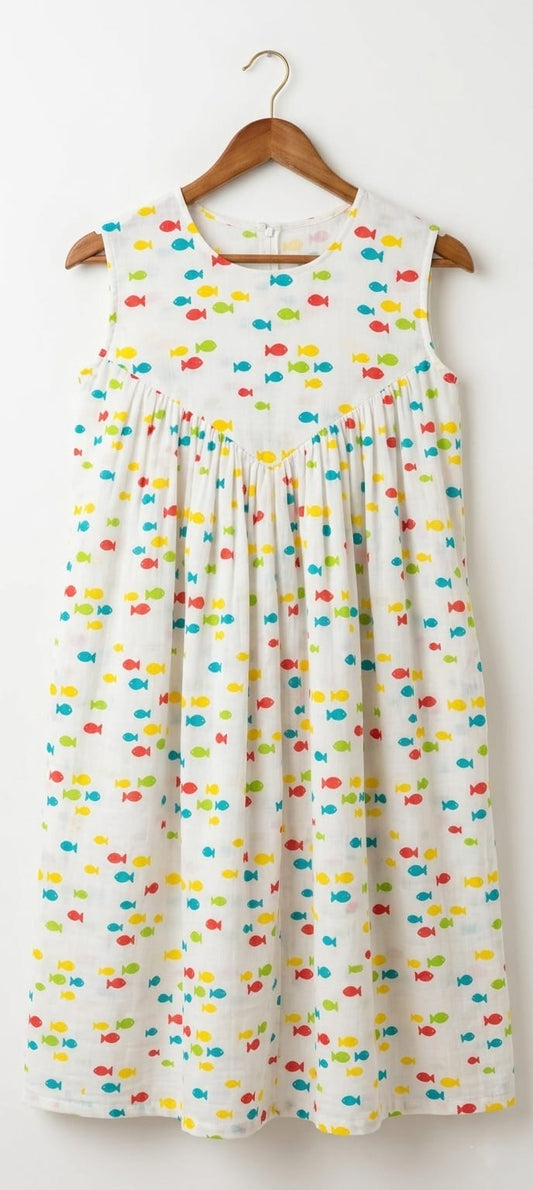 DS173 Fish print double gauze muslin - Inverted alia cut dress